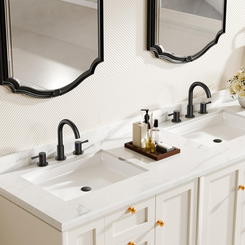 FORIOUS Black Bathroom Faucet 3 Hole, 360° Swivel 8 Inch Widespread Bathroom Sink Faucet and Pop Up Drain 2 Handle Faucets for Sink, Vanity, RV, Lavatory, Farmhouse Matte Black