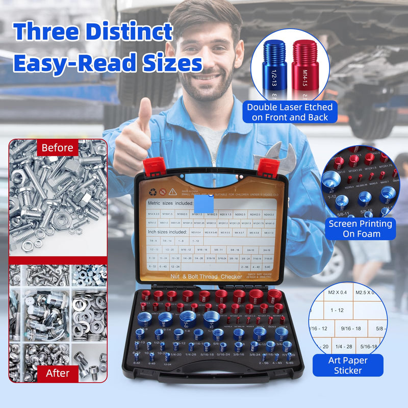 Nut and Bolt Thread Checker Set, 55 Pcs Thread Checker Tool (25 Metric & 30 SAE), Bolt Thread Gauge & Size Finder, Bolt and Nut Identifier with Storage Case for Mechanics Garage