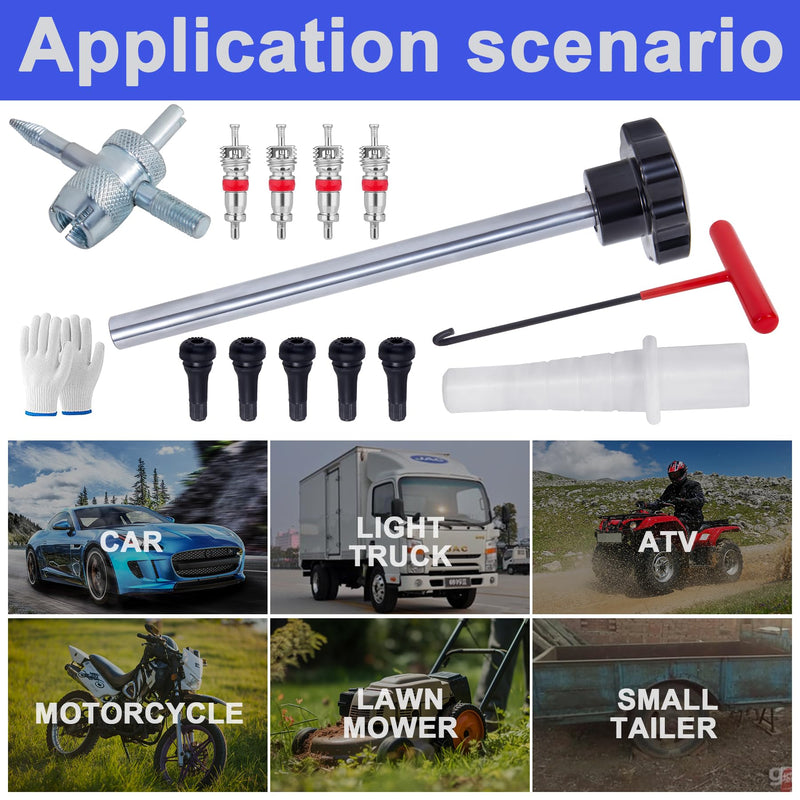 Quick Change Tire Valve Tool Kit,Tire Valve Stem Core Quickly Replacement Tool Kit,Perfect Tool for Replacing Leaky Valves in Cars,ATVs,Trucks,Motorcycles, etc.with 5 TR413 Valve,4-Way Valve Tool Set A