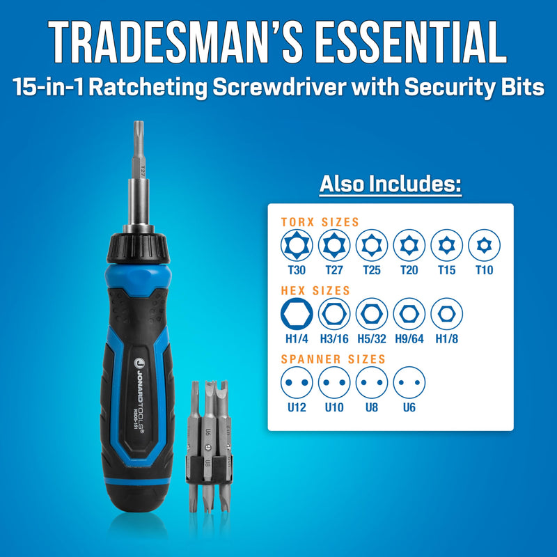 Jonard Tools RSDS-151 15-in-1 Ratcheting Screwdriver with Hex, Spanner & Torx Security Bits 15-in-1 Security Screwdriver