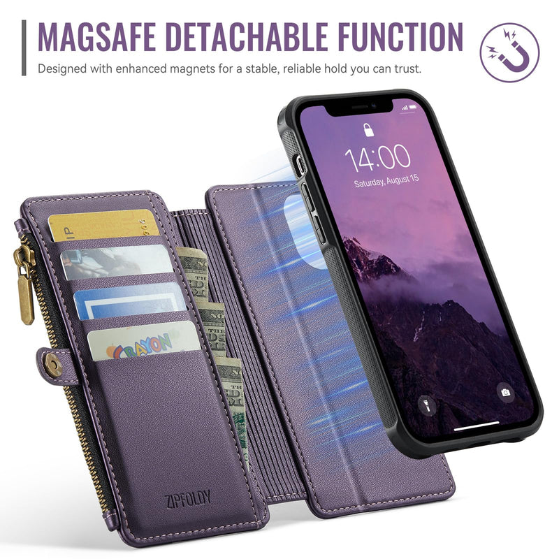 for iPhone 13 Pro Max - Phone Case Wallet Magnetic, Purple | Compatible with Magsafe, Detachable, RFID Blocking Card Holder, Zipper Pocket, Wrist Strap, for Women Men, Durable PU Leather Deep Purple