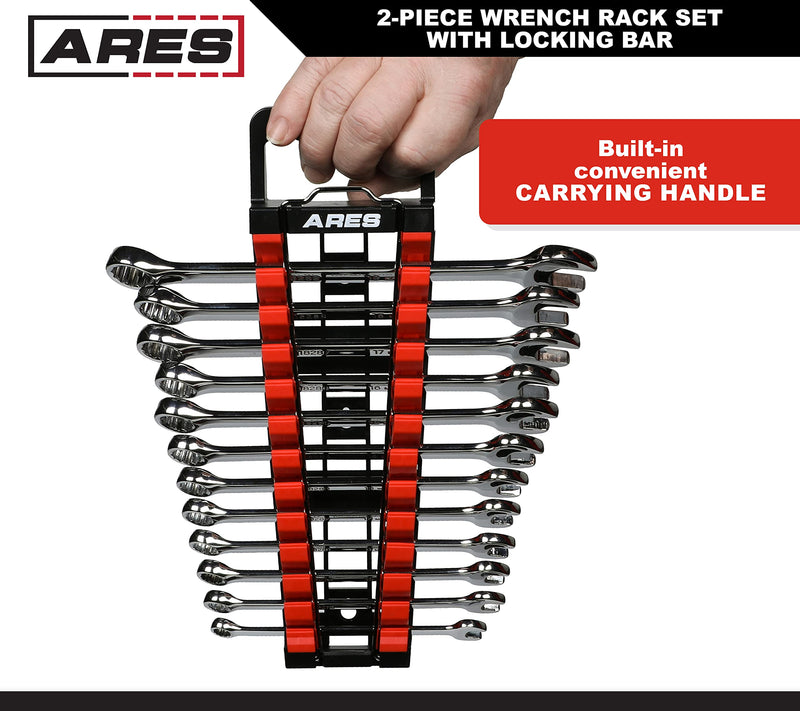 ARES 62043 – 2-Piece Wrench Rack Set with Locking Bar - SAE Rack Holds 1/4-Inch to 1-Inch Sizes - Metric Holds 6 to 25mm Sizes – Locking Metal Clip Secures Wrenches 2-Piece Magnetic Wrench Rack with Locking Bar Red & Blue