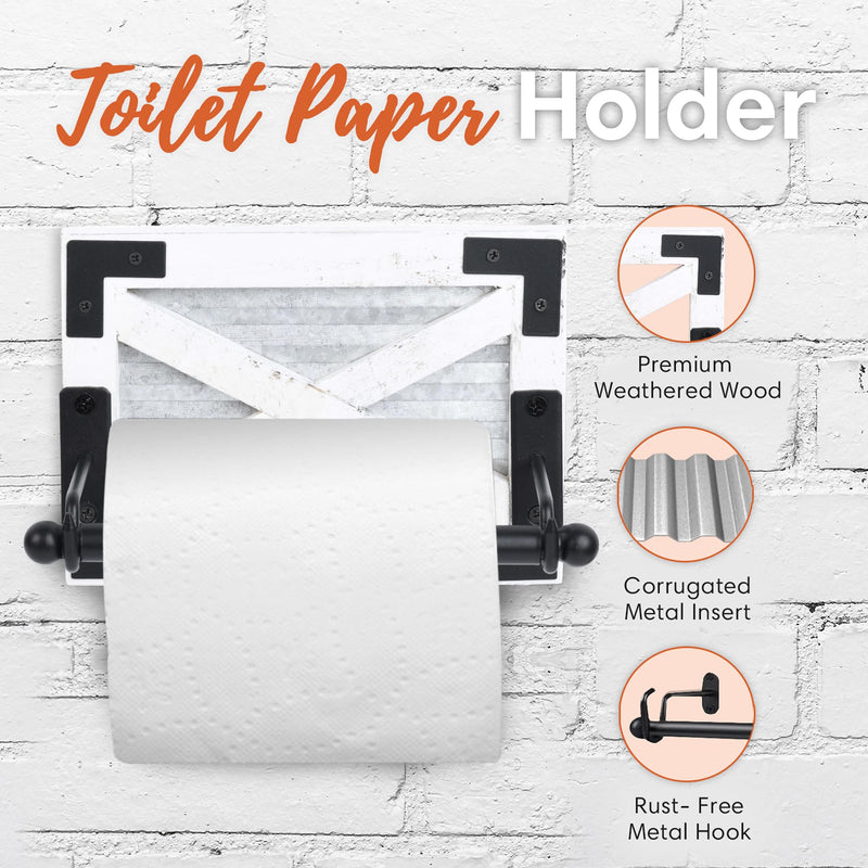 Autumn Alley Farmhouse Toilet Paper Holder and Towel Ring Holder with Bracket, Wall Mount, 2 Set - Farmhouse Toilet Paper Holder and Bathroom Hand Towel Holder Wooden Decor, White