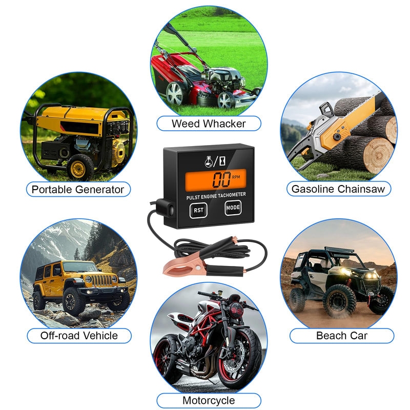  [AUSTRALIA] - Linkstyle Small Engine Tachometer, Backlight Digital Tachometer Tach Gauge Meter with Clip, Inductive Hour RPM Meter for 2 Stroke 4 Stroke Small Engine Black+RST+MODE+Backlight
