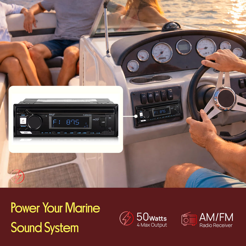 Pyle Marine Radio Stereo Receiver with Bluetooth MP3 Player - Single DIN Boat Audio System, AM/FM Tuner, USB/AUX Input, 30 Preset Stations, Hands-Free Calling, 350 W Power for Marine and Boat Use Charcoal