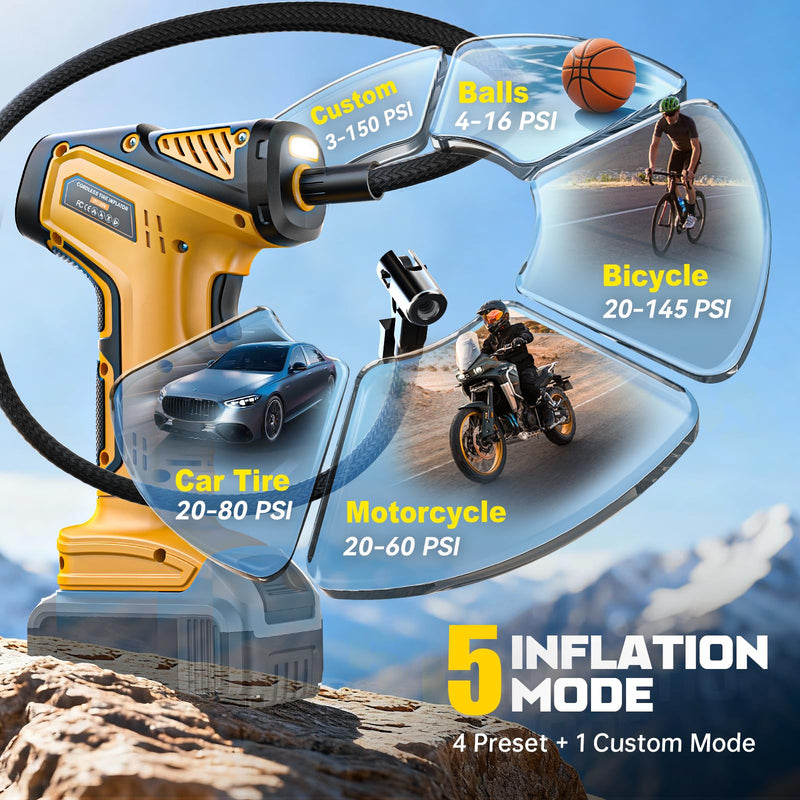 Cordless Tire Inflator Air Compressor Compatible with Dewalt 20V Battery (Tool Only), 150 PSI Portable Car Air Pump with Digital Pressure Gauge, Automatic Shut Off, LED Light Yellow- Compatible With Dewalt 20v