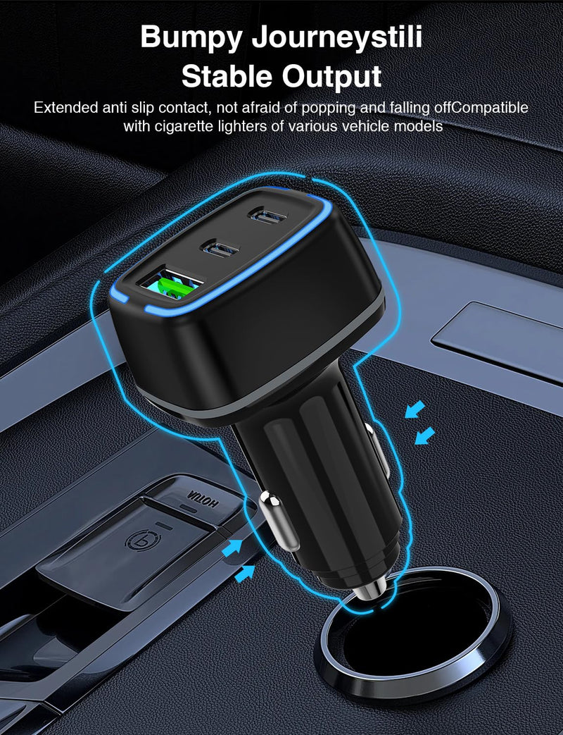 75W USB C Car Charger, 3-Port Super Fast Charging Cigarette Lighte | PD/QC 3.0 Car Cigarette Lighter Adapter for iPhone17/16/15 Pro Max & Samsung Galaxy S26/S25, with 4Pack 3/6.6FT Type-C Cables