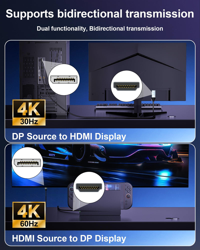 4K Bidirectional HDMI to Displayport Cable 5Ft (4K@60Hz/2K@120Hz) Male to Male Adapter Bidirectiona Display Port to HDMI Braided Cord, DP to HDMI Compatible with PC,Laptop,AMD,NVIDIA,PS5,Xbox 5 Feet
