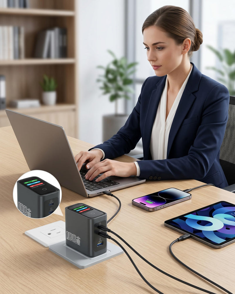 100w USB C Charger with Smart Display, 3-Port GaN Laptop Fast Charger Block | Power Adapter with Touch Controls for iPad, MacBook, iPhone 17/16 Series and More (Non Cord)
