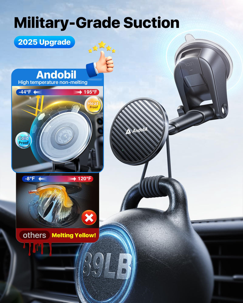 【Military-Grade】andobil 3 in1 Magnetic Phone Holder for Car Dashboard Windshield Vent 【Upgrade Suction & Strongest Magnet】Retractable for MagSafe Car Mount Mats for iPhone 17 16 15 14 Pro Max Sumsung dashboard-black
