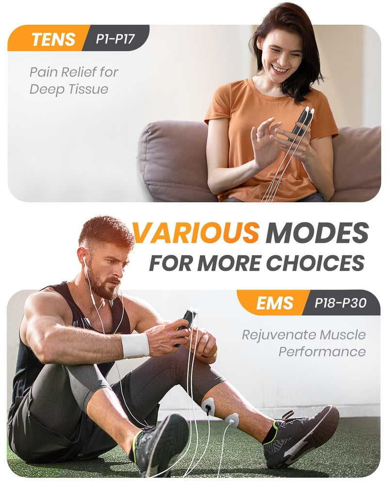 AVCOO 30 Modes TENS EMS Unit Compact Muscle Stimulator for Pain Relief of Back, Shoulder, Neck, Rechargeable & Portable Dual Channel EMS Muscle Stimulator with 30 Intensity Levels, 12 Electrode Pads Black