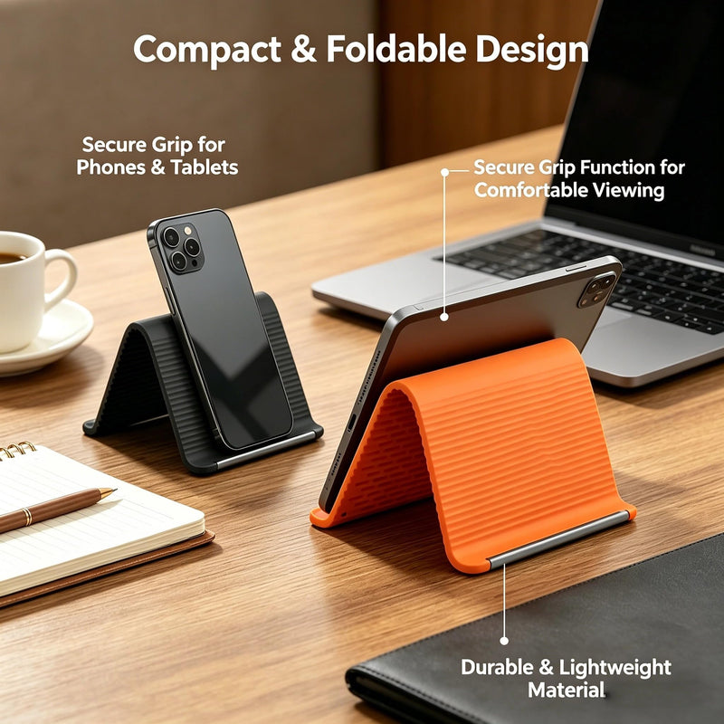 Silicone Phone Stand with Aluminum, Flexible Foldable Phone Holder, Bendable Adjustable Anti-Slip Desktop Stand for Phone Tablet Laptop, Portable Rollable Multi-Angle Stand for Home (Orange) Orange
