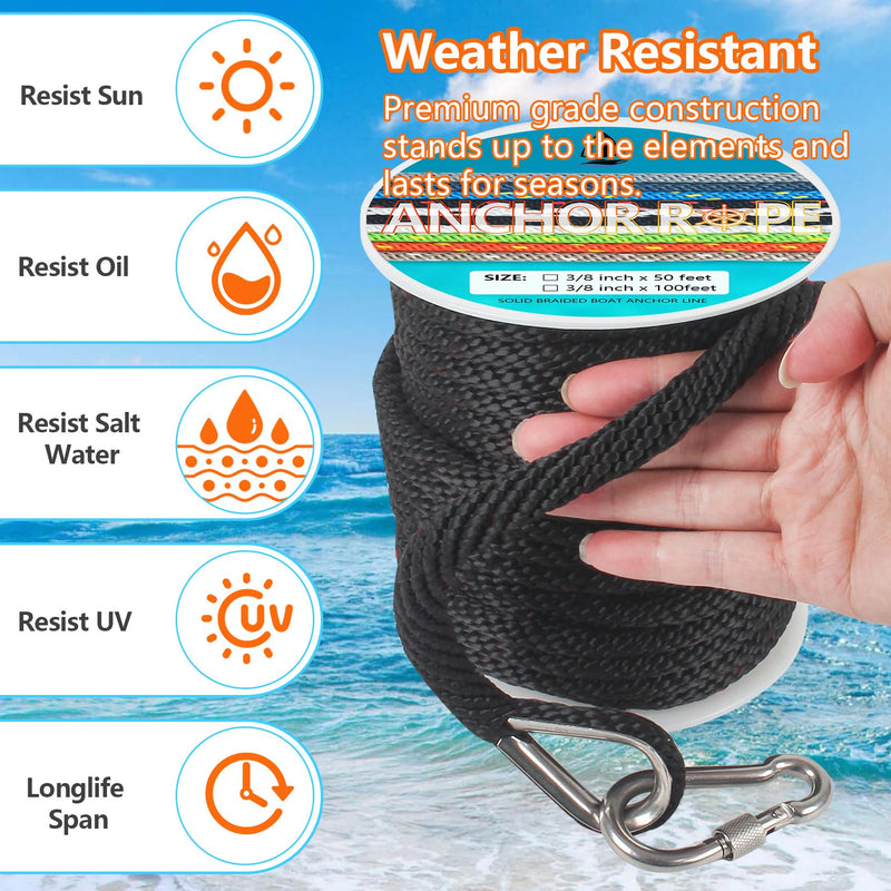 3/8 Inch 50 FT Anchor Rope, Boat Anchor Rope Solid Braid MFP, Anchor Line with 316 Stainless Steel Thimble and Snap Hook - Black 3/8inx50ft