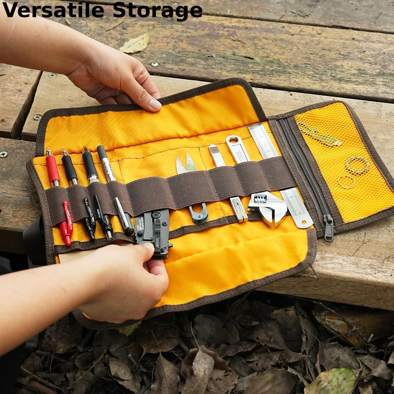 Roll Up Tool Bag Organizer, Small Tool Roll for Pen Lovers & Tech, Waxed Canvas Tool Pouch Pen Bag Pen Case Organizer, Multi-Pocket with Elastic Loops for Pencils, Art Supply, Hard Drives - EDC Bag