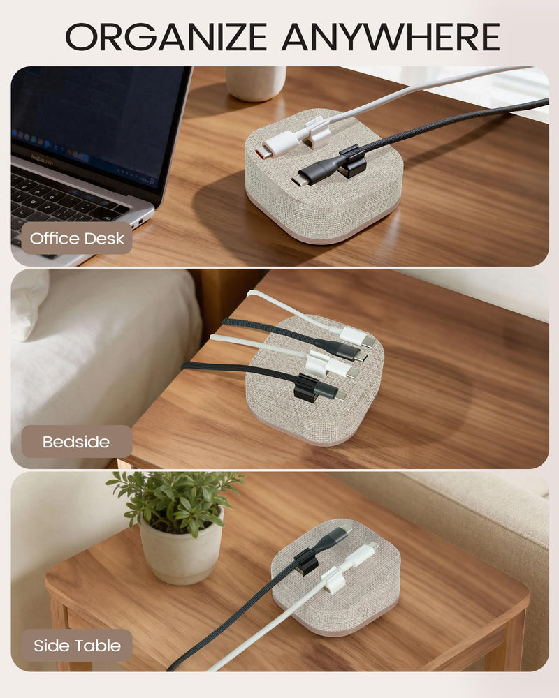 Magnetic Cord Holder, 5 Cable Clips, Desk & Nightstand Organizer | 2-In-1 Cable Management, Holds Up to 5 Cables, Anti-slip Base, Charging Accessory for Home, Office & Gift Giving Beige