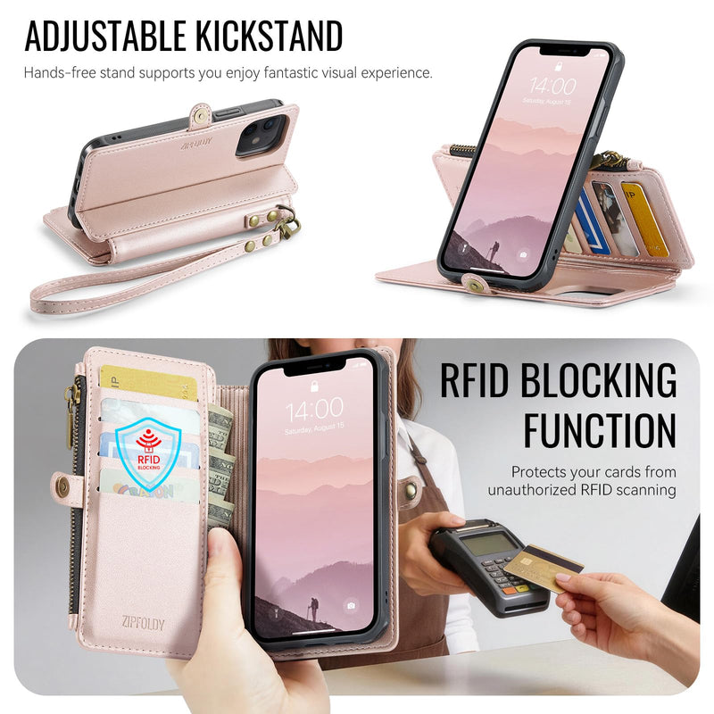 for iPhone 12/Pro - Phone Case Wallet Magnetic, Champagne Gold | Compatible with Magsafe, Detachable, RFID Blocking Card Holder, Zipper Pocket, Wrist Strap, for Women Men, Durable PU Leather iPhone 12 & 12 Pro