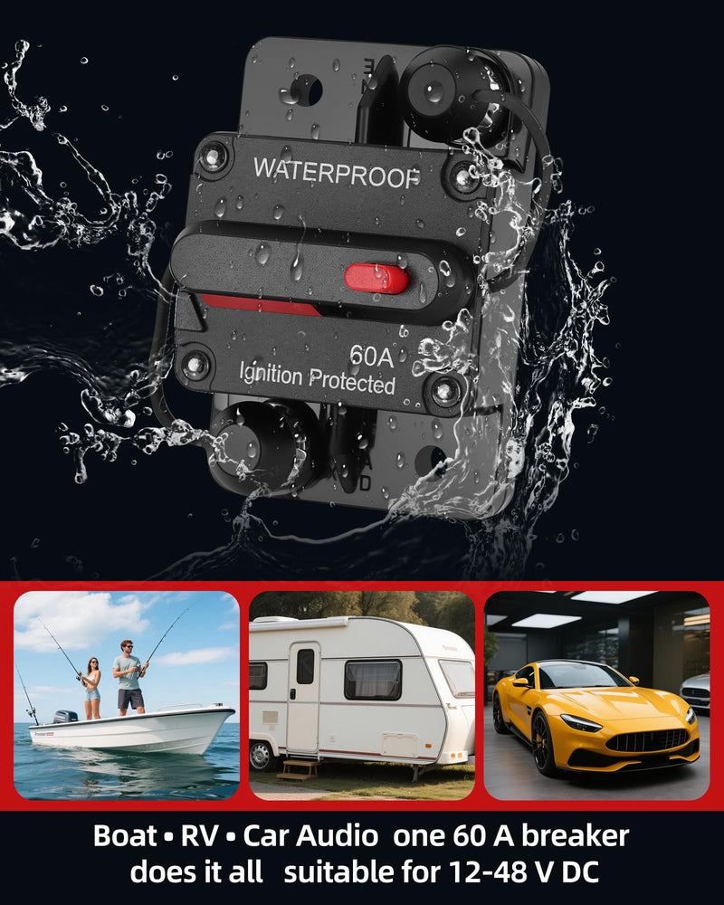 60 Amp Marine Circuit Breaker Switch for Trolling Motor Battery Box, Premium 12V - 48V 60A DC Breaker for Boat Motor, RV, Solar Panel & Car Audio, One-Click Reset, No Fuse Needed