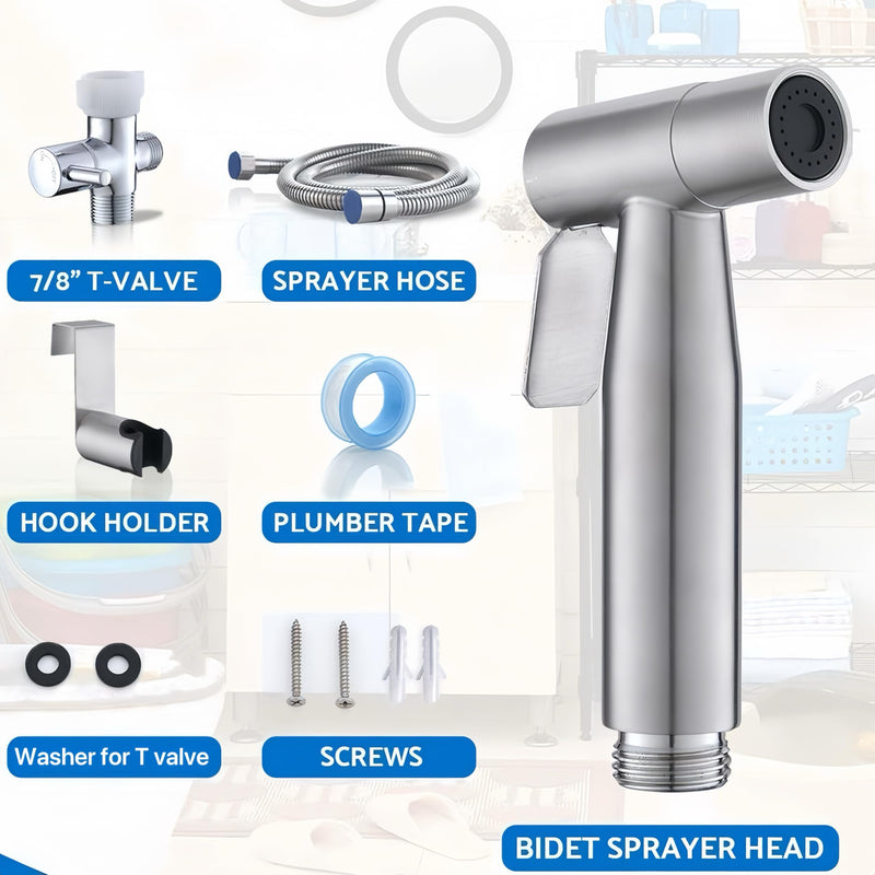 JNGOODS Handheld Bidet Sprayer for Toilet, Adjustable Pressure, Stainless Steel Brushed Nickel, Baby Cloth Diaper Wash - Easy to Install.