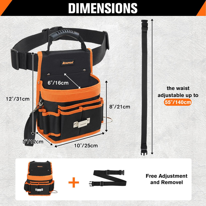 AUROPEAK Tool Belt Pouch, 22 Pockets with Hammer Loops & Tape Clip | Durable Nylon Material, Adjustable Belt Fit, Lightweight Single Side Design, Perfect For HVAC Contractors and Carpenters