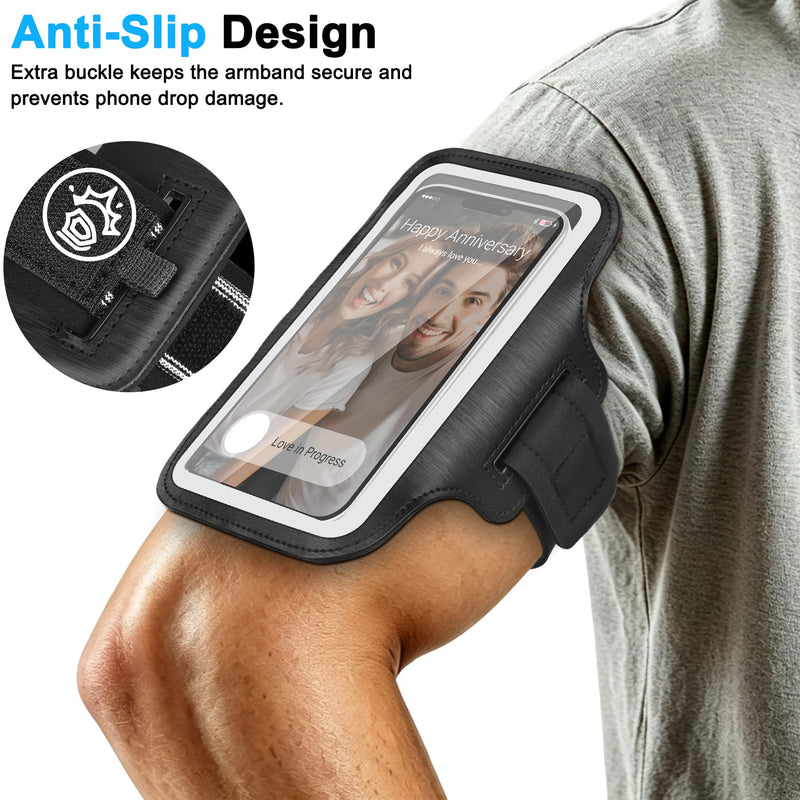 Running Armband Phone Holder with Card Slot for Gym Workout 2 Pack | Fit iPhone 11-17 Pro Max Galaxy S20-S26 Plus/Ultra, Water Resistant, Touch Screen, Reflective Strips, Anti-slip Silicone Dots Black