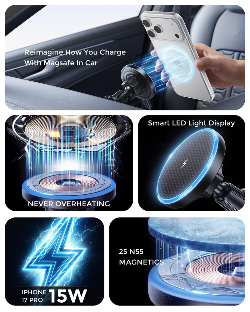 2-in-1 15W Magsafe Car Mount Charger, Magnetic Wireless Car Charger | 360° Dashboard & Air Vent Phone Mount, Phone Holders for Your Car, Car Accessories for Men Women for iPhone 17-12