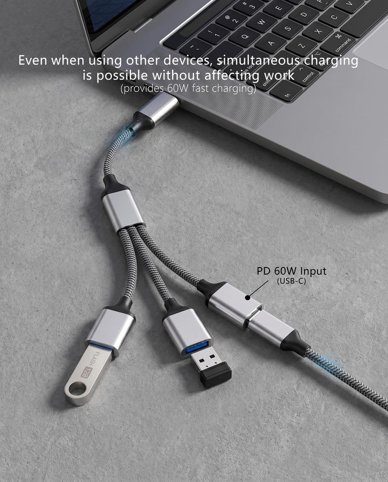 Type C Hub Adapter with Dual USB A and USB C Ports, 3 in 1