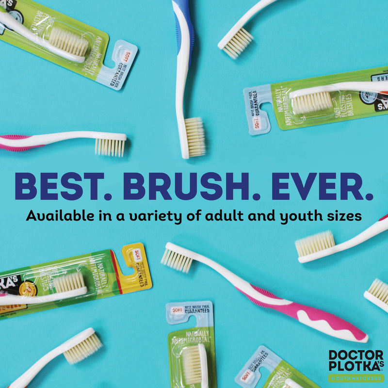 MOUTHWATCHERS Soft Flossing Manual Toothbrush, Family Pack, 4 Adult 2 Kids | Antimicrobial Floss-Tip Bristles for Sensitive Teeth and Gums, Soft Manual Brush, Deep Clean, BPA Free, Dr Plotka Design 4 Adult + 2 Kids