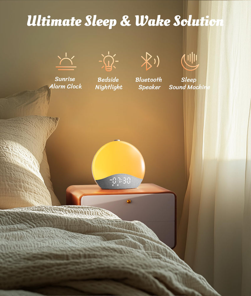 ecozy Sunrise Alarm Clock, White Noise Sound Machine, Alarm Clock for Bedrooms, 26 Soothing Sounds, 17 Night Lights, Bluetooth Speaker, Sunrise Wake-Up Light for Heavy Sleepers, Adults, Kids Grey & White