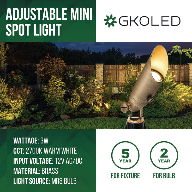GKOLED Low Voltage Solid Brass LED Spotlight with MR8 Bulb, Outdoor Waterproof Landscape Lighting, Adjustable Uplights with Stake for House Garden Trees Lawn Patio Yard Fence, 3W 12V 180LM 2700K Shroud Adjustable-Antique Bronze 1 Pack