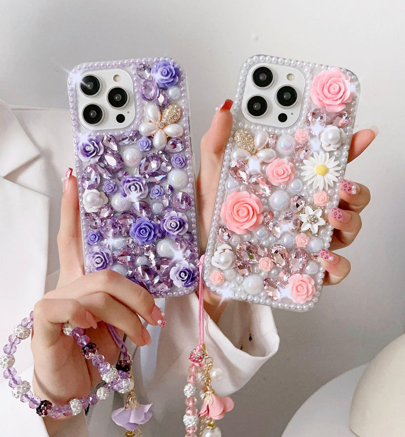 Bling Diamond Case for Samsung Galaxy A37 5G with Pearl Bracelet Strap Cover,Pink 3D Sparkly Shiny Crystal Rhinestones Flower Girly Shockproof Phone Case with Lanyard Pink