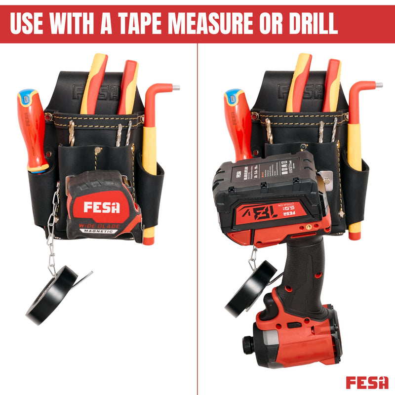 FESA Small Electrician's Tool Pouch - Leather 7-in-1 Small Tool Pouch with Steel Tape Measure or Drill Clip, Tape T-Chain & 5 Pockets - Clip On Any Belt - Handcrafted Black