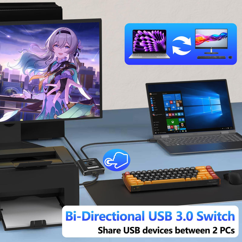 USB 3.0 Switch, Bi-Directional USB Switch 1 in 2 Out/ 2 in 1 Out, Aluminum USB Switcher 2 Computers Share USB Devices for Printer, Keyboard, Scanner, Mouse, Compatible with Win/Mac/Linux USB Switch Only