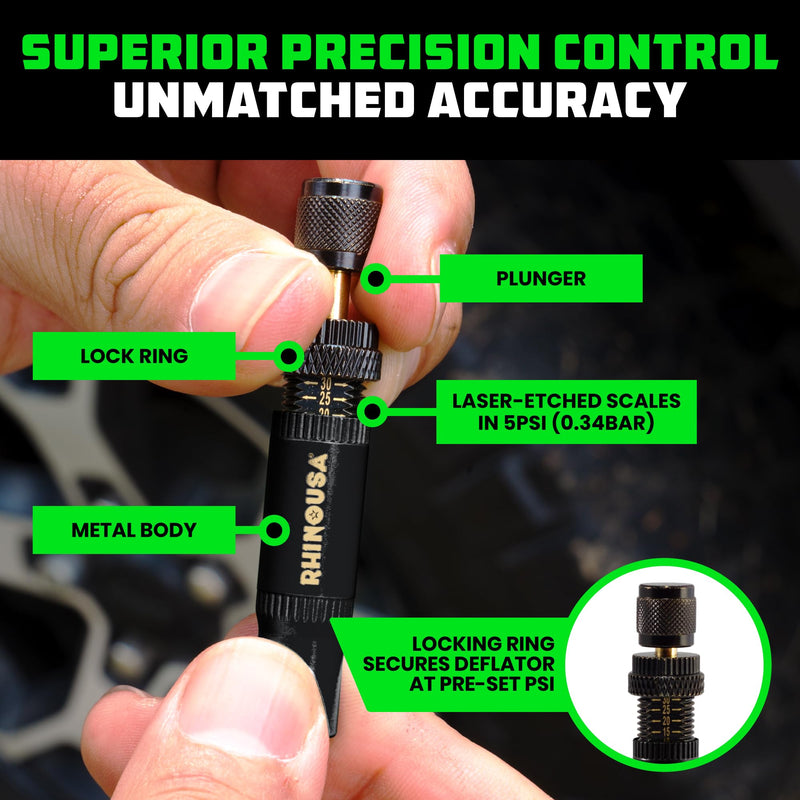 Rhino USA Adjustable Tire Deflator Kit (10-30 PSI) Ultimate Screw-on Automatic Tire Deflators for Offroad - Quick & Easy Air Down System for The Trails - Best Jeep Off Road Accessories (4-Pack) -Black Black