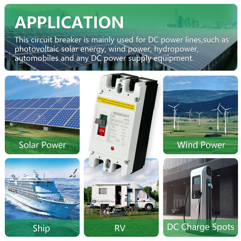WENGART DC MCCB 500VDC WGM1PV-250,250Amp Solar PV Disconnect Switch,2P Heavy Duty Molded Case Breaker with Arc Chutes for Solar Energy Systems,ESS & Battery Protection 250A