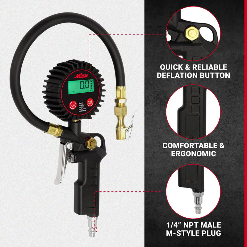 Milton 507KIT Digital Tire Inflator Car Accessories w/Accurate Air Tire Pressure Gauge, 14” Rubber Air Hose – 250 PSI, Brass Lock-On Clip Air Chuck and Compressor Accessories