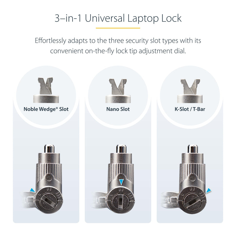 StarTech Universal Laptop Lock, 6.6ft, TAA, Keyed Locking Cable (2m) | Security Cable For Notebooks Compatible With Noble Wedge/Nano/K-Slot, Cut-Resistant Carbon Steel Cable Unique Keyed Single Pack Adjustable