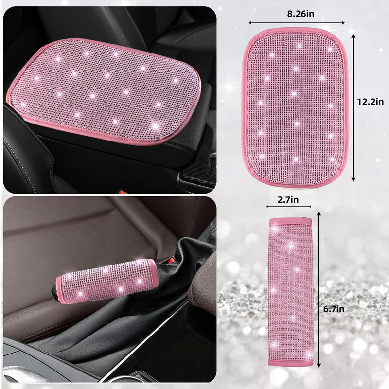 NBTEPEM 30 Pcs Pink Bling Car Accessories Set for Women, Pink Steering Wheel Cover Set, Bling Console Cover, Seat Belt Cushion, Shift Knob Cushion, Cup Coaster, Rhinestone Car Hanging Accessories Pink Diamond