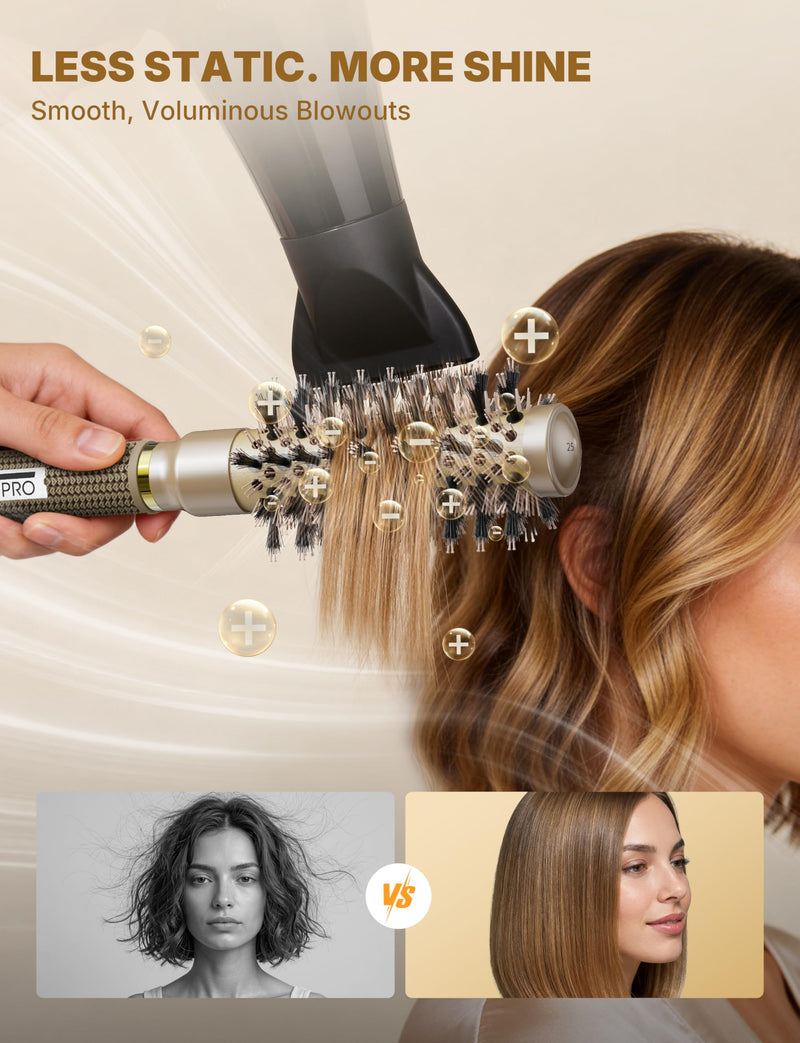 Professional Round Hair Brush Ceramic Negative Ion round brushes for blow drying with Circular Airflow, Even airflow for smooth, One-Stroke Smoothness for Tangle-Free Hair Care, 25MM, Short Hair Golden 25mm