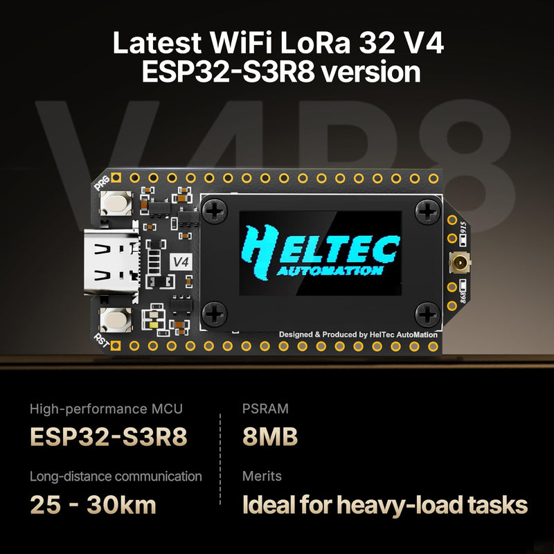 Heltec ESP32 LoRa 32 V4-R8 Deve Board with Display | ESP32-S3R8, 8MB PSRAM 16MB Flash, SX1262 27dBm High Power Chip, WiFi Meshtastic IoT Devices OLED