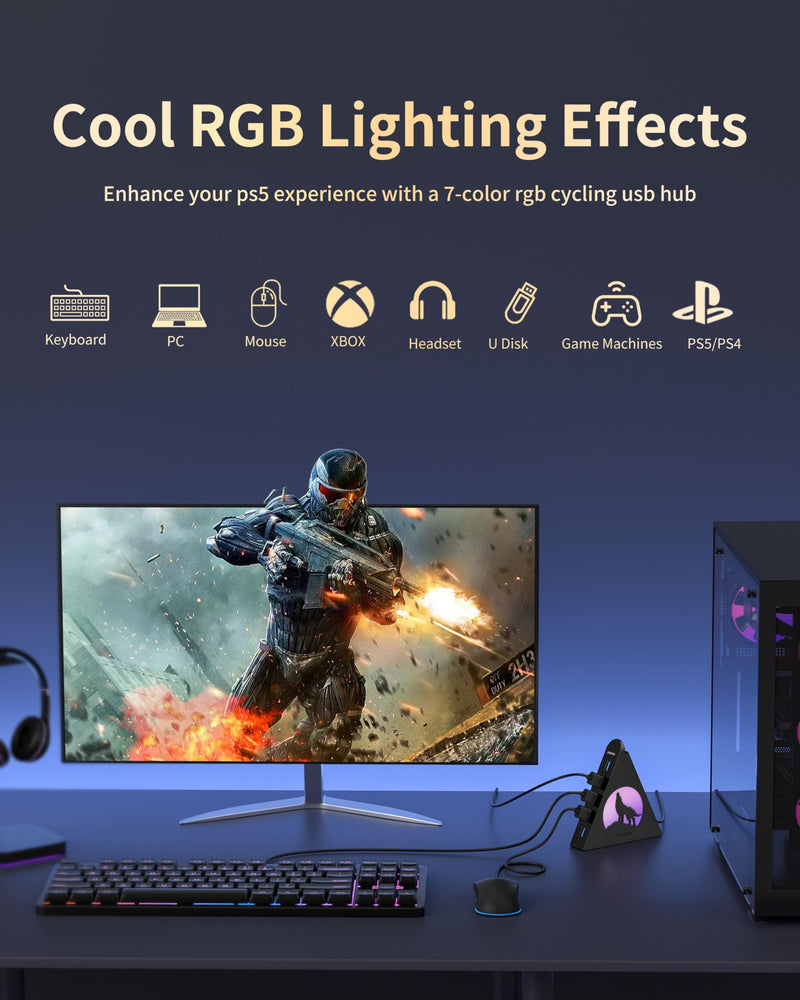 7-Port USB 3.0 Hub, Vertical USB Hub Splitter with RGB Lighting,5Gbps High-Speed Data Transfer and 2FT Extension Cable, Compatible with PC, MacBook, Laptop, PS5, Xbox, Flash Drive, Printer Black