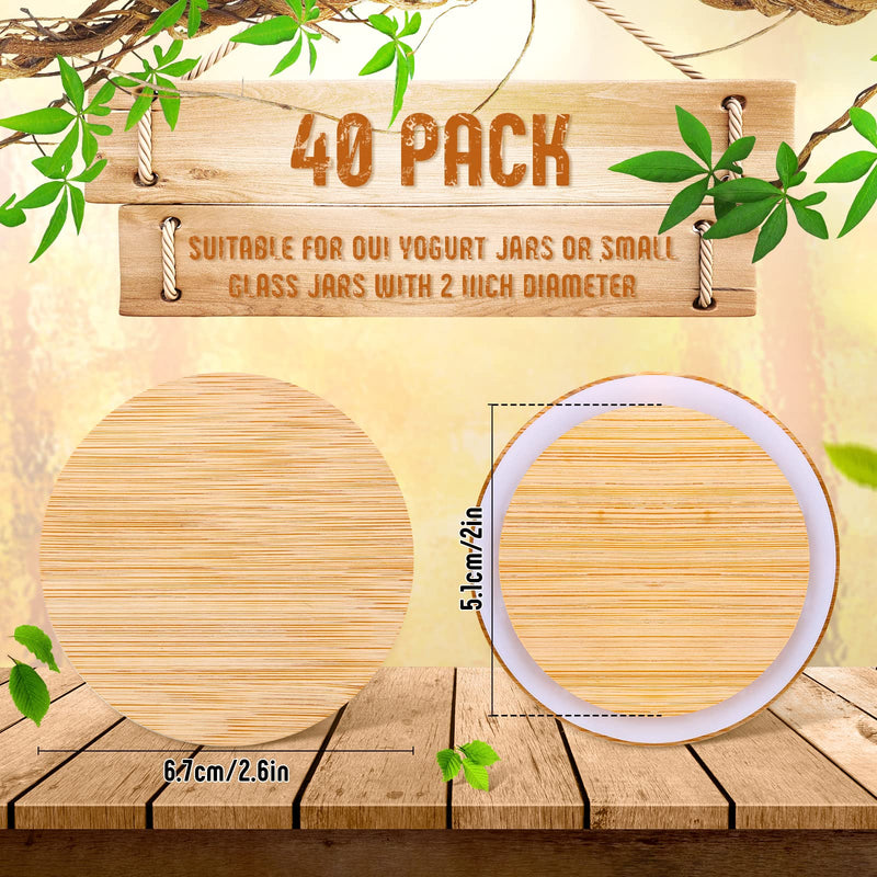 Roowest 40 Pcs Yogurt Jar Lids Bulk Compatible with Oui Yogurt Jars, Natural Bamboo Wooden Lids Round Reusable Canning Covers with Silicone Sealing Rings for Cookie Coffee Kitchen Food Airtight Store