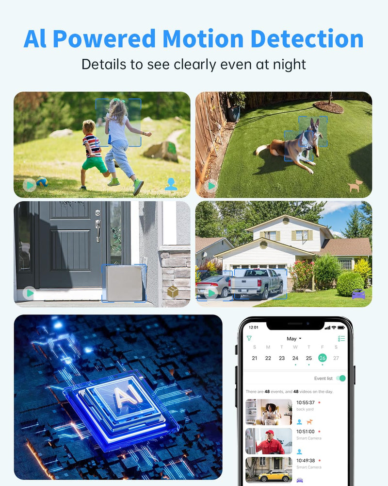 Security Cameras Wireless Outdoor, Solar Battery Powered 2k Color Night Vision, AI Motion Detection, IP66 Weatherproof, 2-Way Talk, SD/Cloud Storage, 2.4Ghz WiFi Cameras for Home Security (2 Pack) 2 Pack