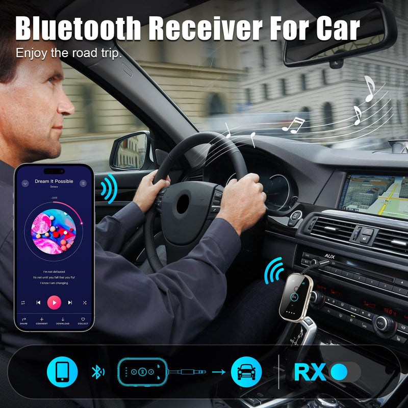 Bluetooth 5.4 Transmitter Receiver – Airplane/TV/Gym Wireless Audio Adapter | CNC metal & glass with Qualcomm aptX LL/HD, pairs with 2 AirPods/headphones for low-latency shared audio Silver Black