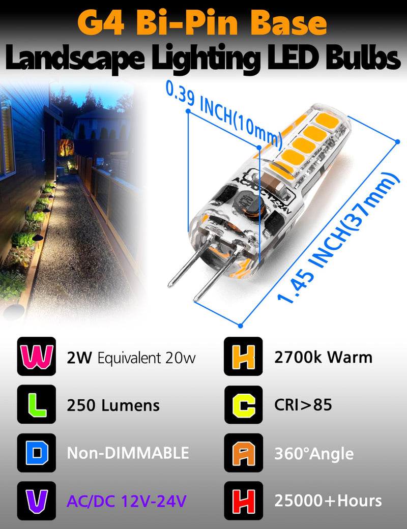 G4 LED Bulb AC DC 12V to 24V JC Type, 20W-30W T3 G4 Halogen Equivalent, 2W 2700K Warm White, G4 Bi-Pin Base, 250LM, Landscape Lighting Courtyard Lawn Lights, Non-Dimmable,10pcs