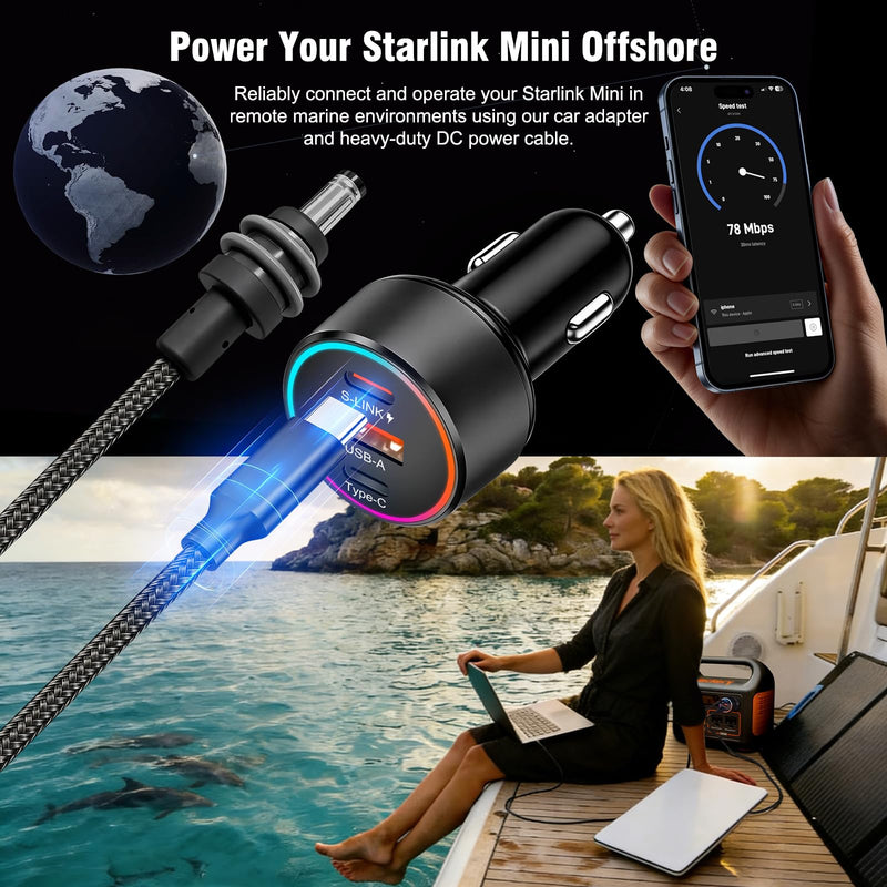Starlink Mini Car Adapter, 3-in-1 DC Power Cable with 12V to 24V Cigarette Lighter Adapter, 100W Car Power Supply + PD 30W + USB-A 22.5W for Trucks, RVs, Boats - 16.4FT