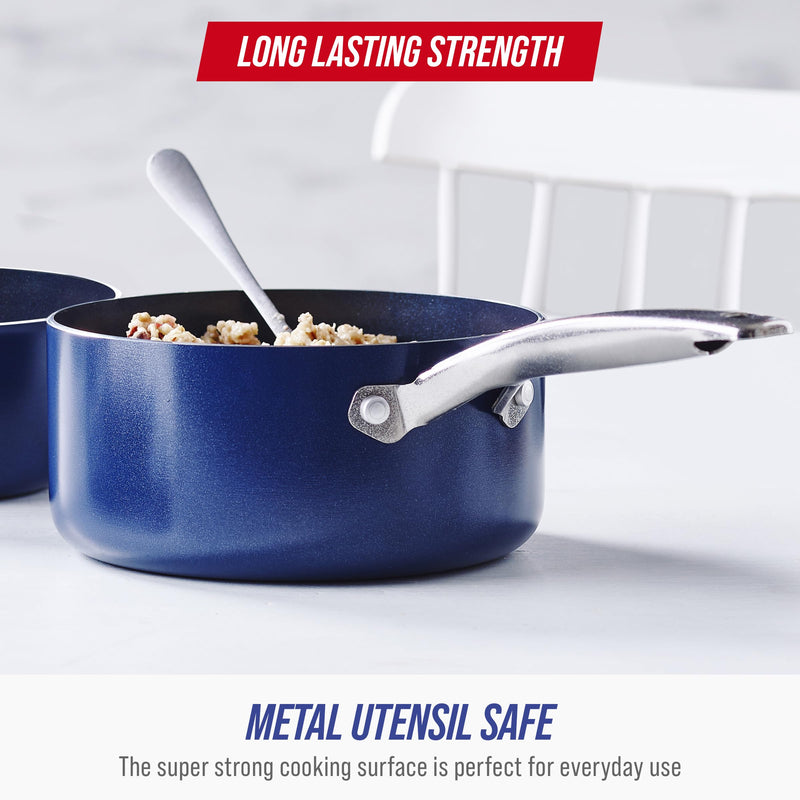Blue Diamond Nonstick 2QT Saucepan with Lid, Non Toxic PFAS-Free Diamond Ceramic, Dishwasher & Oven Safe, Metal Utensil Safe Pot, Stay Cool Handle, Chef Pan, Glass Lid, Blue 2 Quart Saucepan