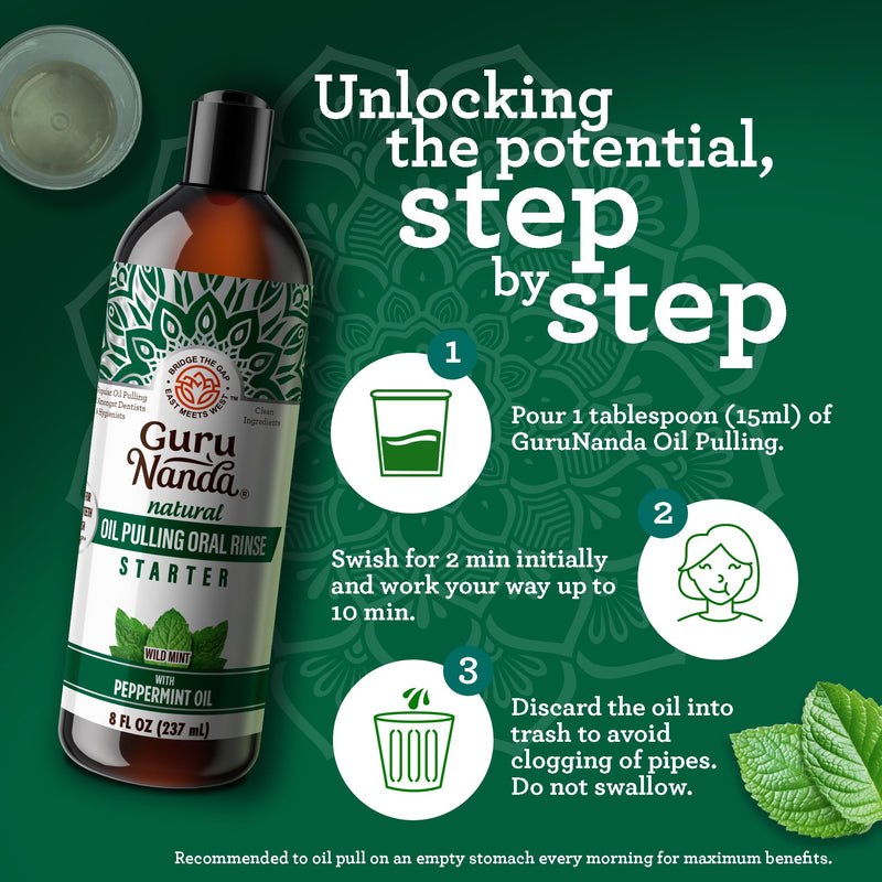 GuruNanda Starter Pulling Oil Mouthwash for Natural Teeth Whitening, Coconut and Peppermint Oil for Fresh Breath & Happy Gums, with Tongue Scraper, Alcohol-Free, 2X8 Oz 8 Fl Oz (Pack of 2)