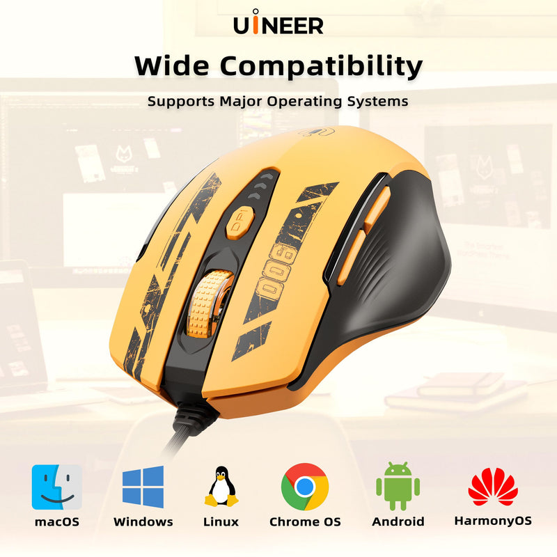 Uineer Wired Gaming Mouse, USB-A Mouse with 6 Programmable Buttons | Adjustable DPI up to 7200 ,RGB Lighting, ,Ergonomic Grip, Plug and Play for PC Gaming, Office, Laptop