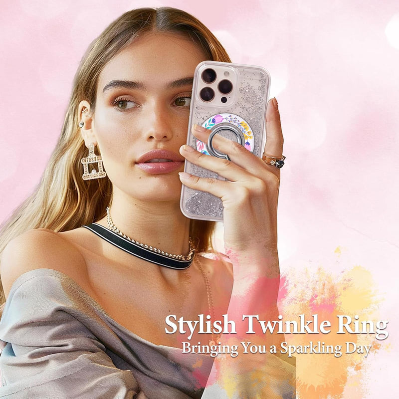 Magnetic Phone Ring for MagSafe Grip, Super Magnet Twinkle Design Ring Holder Stand, MagSafe Accessory for iPhone 17/16/15/14/13 Pro Max Plus，Enchanted Floral Twinkle Silver