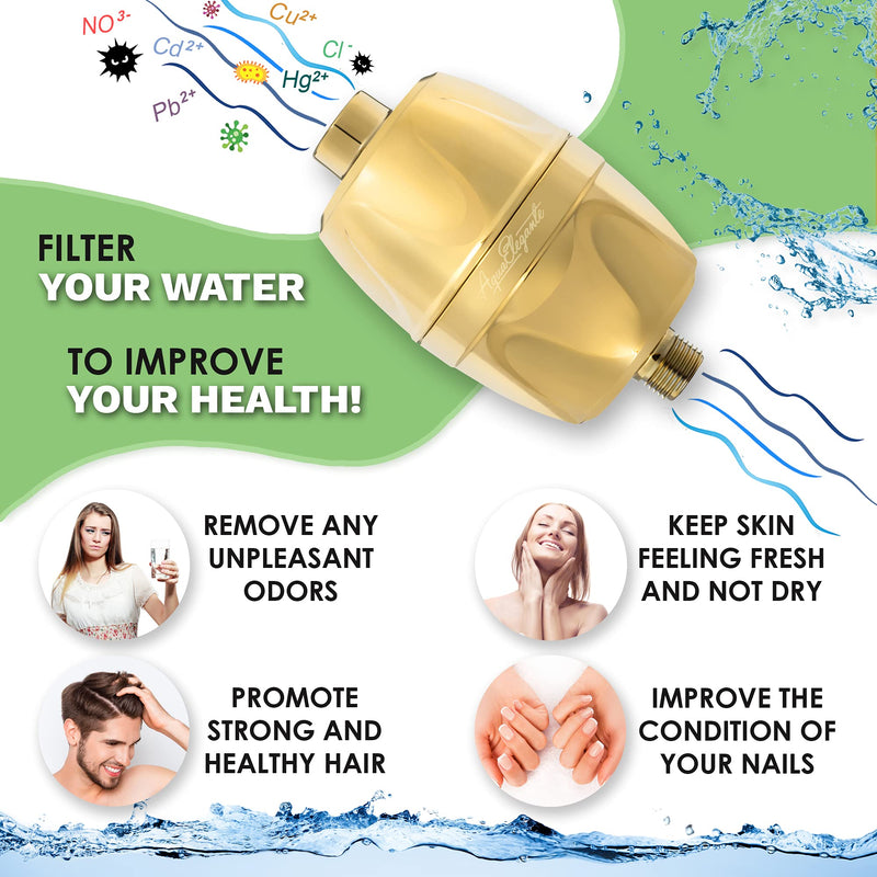 Aqua Elegante Shower Water Filter For Showerhead - Universal Shower Head Filters To Remove Chlorine & Hard Minerals - Gold Bath Purifier And Filtered Softener System Best With KDF-55 - Polished Brass